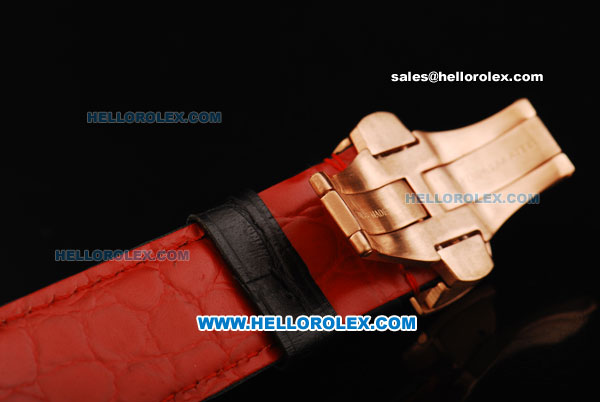 Ferrari Chronograph Miyota Quartz Movement Rose Gold Case with White/Red Arabic Numerals - Black Leather Strap - Click Image to Close
