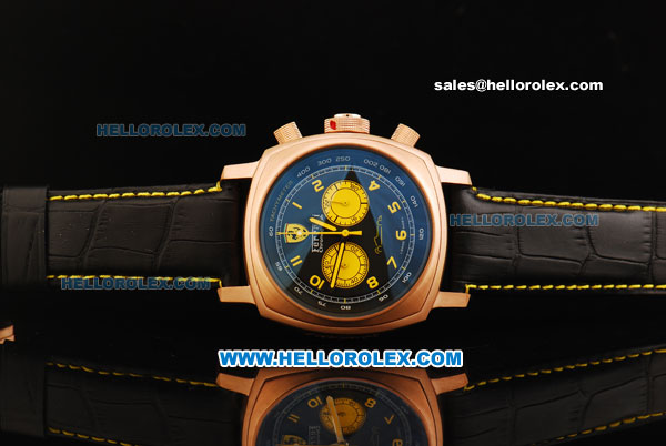 Ferrari Chronograph Miyota Quartz Movement Rose Gold Case with Yellow Arabic Numerals - Black Leather Strap - Click Image to Close