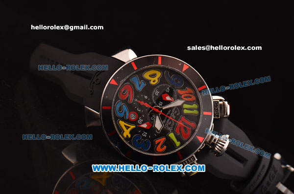Gaga Milano Chrono 48 Miyota OS20 Quartz PVD Bezel with Black Dial and Colorful Numeral Markers - Black Rubber Strap - Click Image to Close