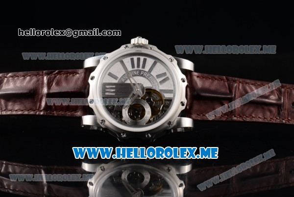 Antoine Preziuso Tourbillons Mega Tourbillon Swiss Manual Winding Steel Case with Silver/Skeleton Dial and Brown Leather Strap - Click Image to Close