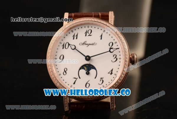 Breguet Classique Miyota 9015 Automatic Rose Gold Case with White Dial Brown Leather Strap and Diamonds Bezel - Click Image to Close