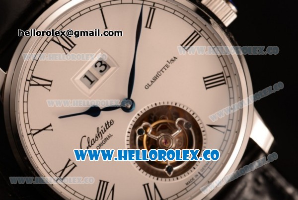 Glashutte Senator Meissen Tourbillon Swiss Tourbillon Automatic Steel Case with White Dial and Black Leather Strap - Click Image to Close