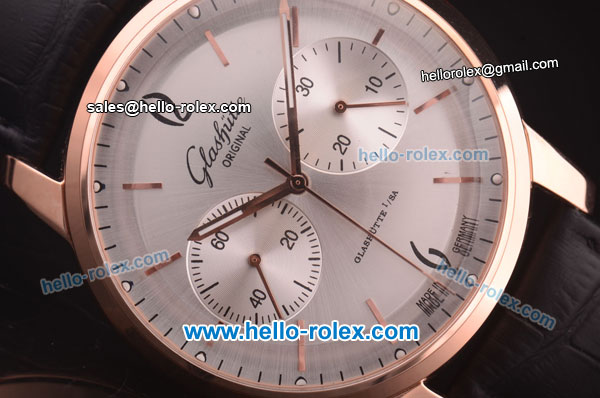 Glashutte Original Senator Sixties Automatic Rose Gold Case with Silver Dial and Black Leather Strap - Click Image to Close