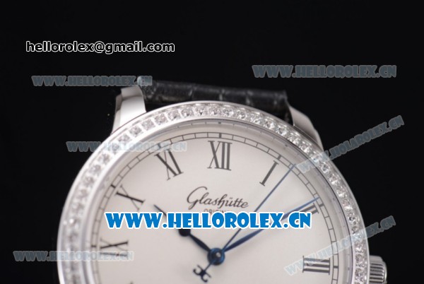 Glashutte Senator Automatic Miyota 9015 Automatic Steel Case with White Dial Diamonds Bezel and Black Leather Strap - Click Image to Close