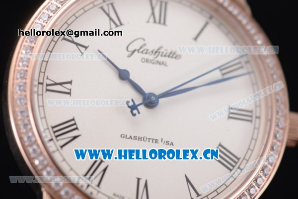 Glashutte Senator Automatic Miyota 9015 Automatic Rose Gold Case with White Dial Diamonds Bezel and Black Leather Strap - Click Image to Close