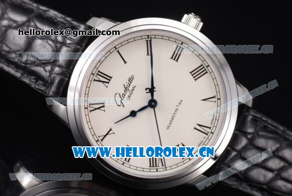 Glashutte Senator Automatic Miyota 9015 Automatic Steel Case with White Dial Roman Markers and Black Leather Strap - Click Image to Close