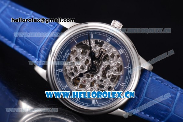 Glashutte Senator Skeletonized Edition Asia 7100 Automatic Steel Case with Skeleton Dial Roman Numeral Markers and Blue Leather Strap - Click Image to Close