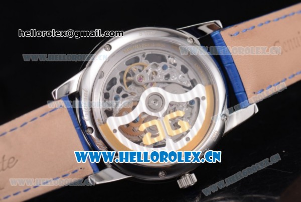 Glashutte Senator Skeletonized Edition Asia 7100 Automatic Steel Case with Skeleton Dial Roman Numeral Markers and Blue Leather Strap - Click Image to Close