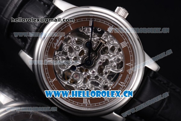 Glashutte Senator Skeletonized Edition Asia 7100 Automatic Steel Case with Skeleton Dial Roman Numeral Markers and Black Leather Strap - Click Image to Close