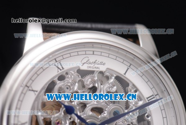Glashutte Senator Skeletonized Edition Asia 7100 Automatic Steel Case with Skeleton Dial Roman Numeral Markers Steel Bezel and Black Leather Strap (EF) - Click Image to Close