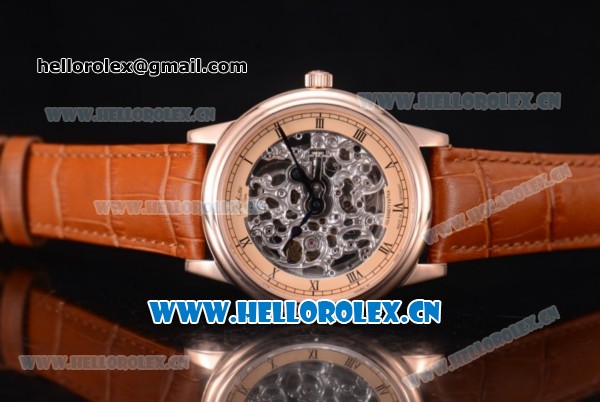 Glashutte Senator Skeletonized Edition Asia 7100 Automatic Rose Gold Case Skeloton Dial Roman Numeral Markers and Brown Leather Strap - Click Image to Close