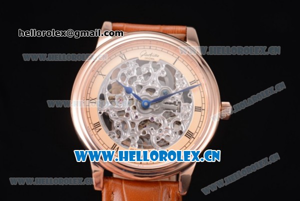 Glashutte Senator Skeletonized Edition Asia 7100 Automatic Rose Gold Case Skeloton Dial Roman Numeral Markers and Brown Leather Strap - Click Image to Close