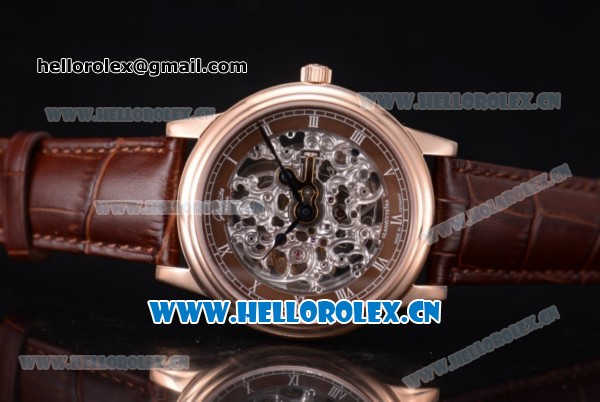 Glashutte Senator Skeletonized Edition Asia 7100 Automatic Rose Gold Case Roman Numeral Markers Skeloton Dial and Brown Leather Strap - Click Image to Close