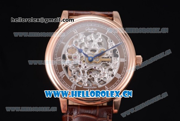 Glashutte Senator Skeletonized Edition Asia 7100 Automatic Rose Gold Case Roman Numeral Markers Skeloton Dial and Brown Leather Strap - Click Image to Close