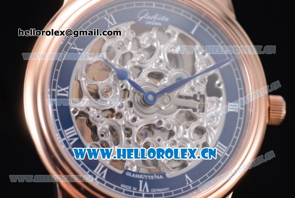 Glashutte Senator Skeletonized Edition Asia 7100 Automatic Rose Gold Case Roman Numeral Markers Skeloton Dial and Blue Leather Strap - Click Image to Close