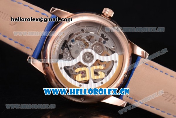 Glashutte Senator Skeletonized Edition Asia 7100 Automatic Rose Gold Case Roman Numeral Markers Skeloton Dial and Blue Leather Strap - Click Image to Close