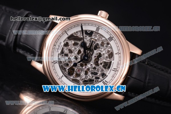 Glashutte Senator Skeletonized Edition Asia 7100 Automatic Rose Gold Case Roman Numeral Markers Skeloton Dial and Black Leather Strap - Click Image to Close