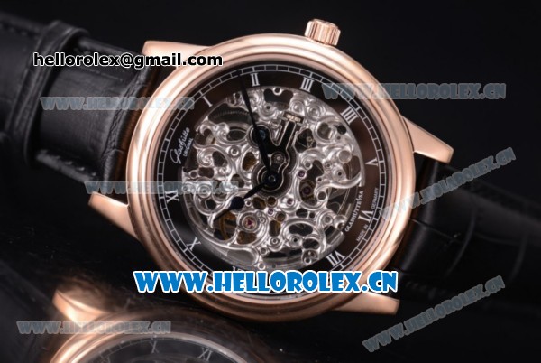 Glashutte Senator Skeletonized Edition Asia 7100 Automatic Rose Gold Case Black Inner Bezel Skeloton Dial and Black Leather Strap - Click Image to Close