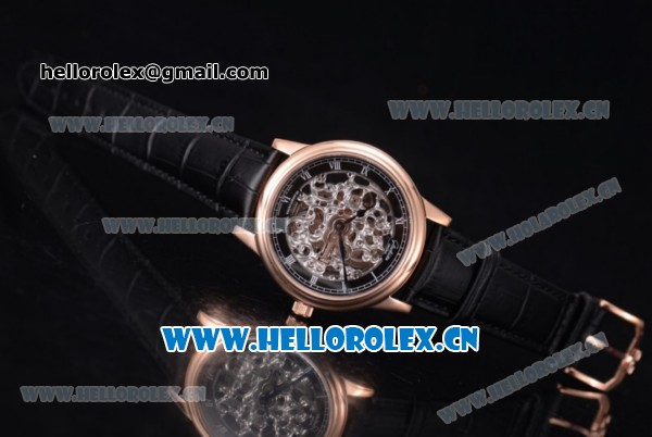 Glashutte Senator Skeletonized Edition Asia 7100 Automatic Rose Gold Case Black Inner Bezel Skeloton Dial and Black Leather Strap - Click Image to Close