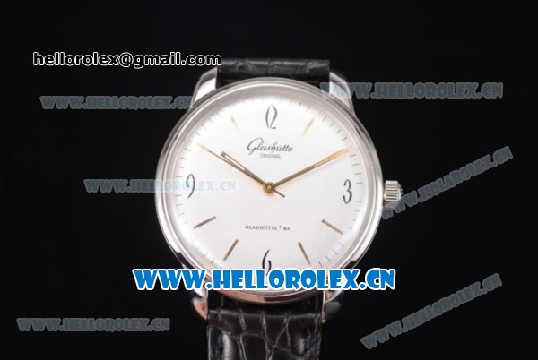 Glashutte Senator Sixties Miyota 9015 Automatic Steel Case with White Dial Black Leather Strap and Stick/Arabic Numeral Markers - Click Image to Close