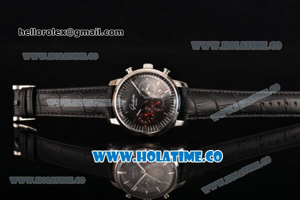 Glashutte Automatic Steel Case with Black Dial and Black Leather Strap - Click Image to Close