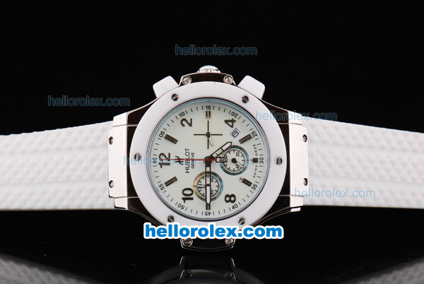 Hublot Big Bang Chronograph Quartz Movement White Bezel with White Dial and Silver Markers-White Rubber Strap - Click Image to Close