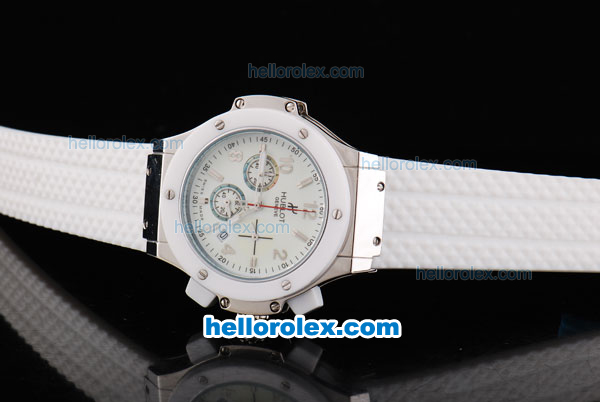 Hublot Big Bang Chronograph Quartz Movement White Bezel with White Dial and Silver Markers-White Rubber Strap - Click Image to Close