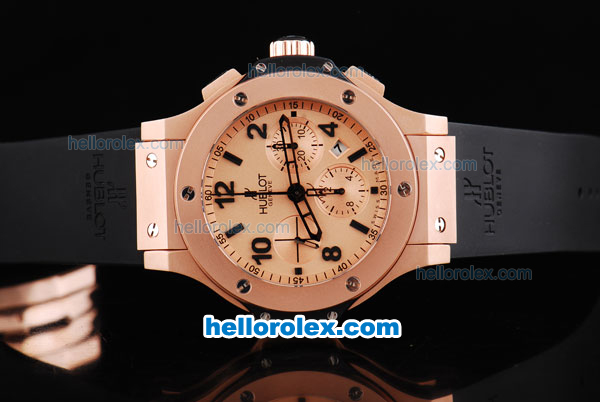 Hublot Big Bang Swiss Valjoux 7750 Automatic Movement Rose Gold Case with Rose Gold Dial and Black Markers-Black Rubber Strap - Click Image to Close