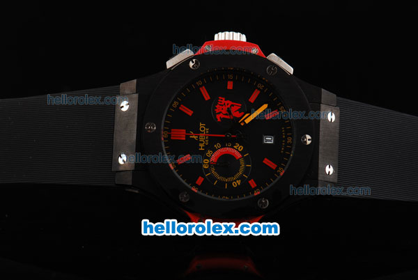 Hublot Big Bang Chronograph Miyota Quartz Movement Full PVD Case with Black Dial-Red Markers and Black Rubber Strap - Click Image to Close