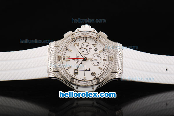 Hublot Big Bang Swiss Valjoux 7750 Automatic Movement Diamond Bezel with White Dial and Silver Markers-White Rubber Strap - Click Image to Close