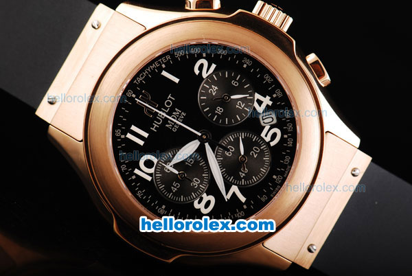 Hublot MDM Chronograph Miyota Quartz Movement Rose Gold Case with Black Dial and White Numeral Markers-Lady Size - Click Image to Close