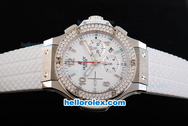 Hublot Big Bang Swiss Valjoux 7750 Automatic Movement Steel Case with Double Row Diamond Bezel-White Dial and White Rubber Strap - Click Image to Close