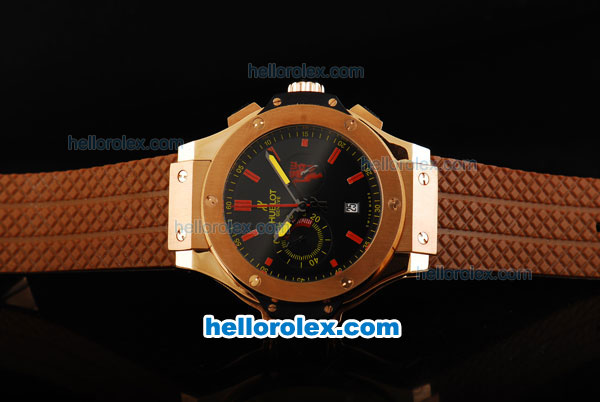 Hublot Big Bang Chronograph Miyota Quartz Movement Rose Gold Case with Black Dial-Red Stick Marking and Brown Rubber Strap - Click Image to Close