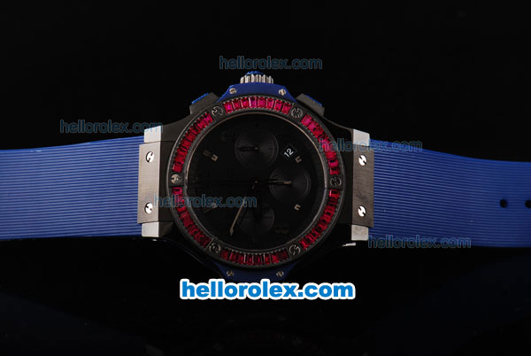 Hublot Big Bang Swiss Valjoux 7750 Chronograph Movement PVD Case with Black Dial-Red Diamond Bezel and Blue Rubber Strap - Click Image to Close