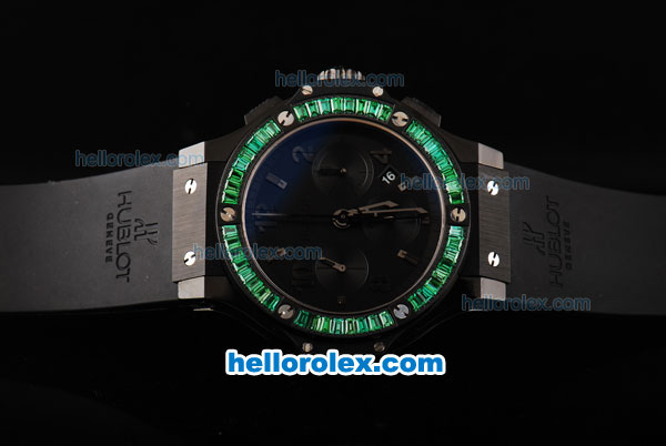 Hublot Big Bang Swiss Valjoux 7750 Chronograph Movement PVD Case with Black Dial-Green Diamond Bezel and Black Rubber Strap - Click Image to Close