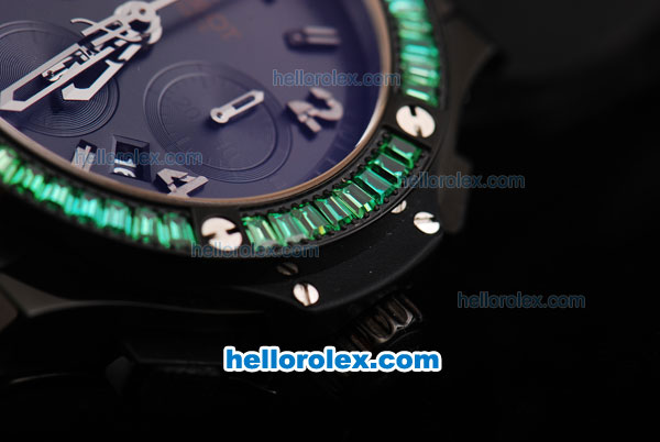 Hublot Big Bang Swiss Valjoux 7750 Chronograph Movement PVD Case with Black Dial-Green Diamond Bezel and Black Rubber Strap - Click Image to Close