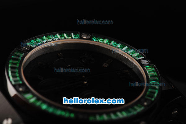 Hublot Big Bang Swiss Valjoux 7750 Chronograph Movement PVD Case with Black Dial-Green Diamond Bezel and Black Rubber Strap - Click Image to Close