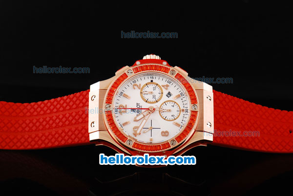 Hublot Big Bang Swiss Valjoux 7750 Chronograph Movement Rose Gold Case with White Dial-Red Diamond Bezel and Red Rubber Strap - Click Image to Close
