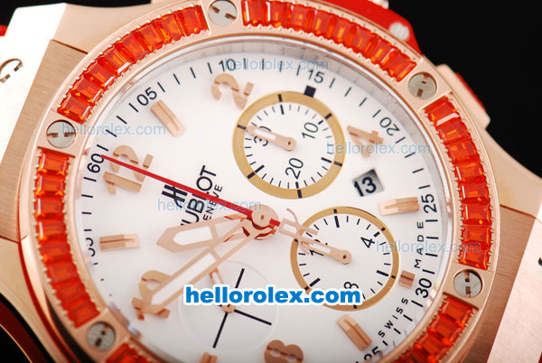 Hublot Big Bang Swiss Valjoux 7750 Chronograph Movement Rose Gold Case with White Dial-Red Diamond Bezel and Red Rubber Strap - Click Image to Close