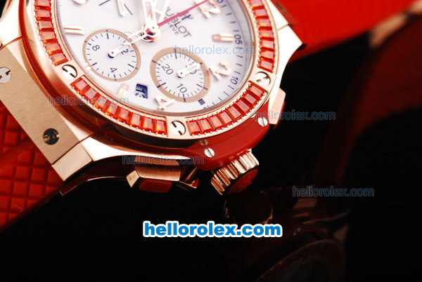 Hublot Big Bang Swiss Valjoux 7750 Chronograph Movement Rose Gold Case with White Dial-Red Diamond Bezel and Red Rubber Strap - Click Image to Close