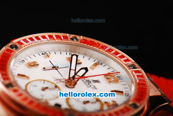 Hublot Big Bang Swiss Valjoux 7750 Chronograph Movement Rose Gold Case with White Dial-Red Diamond Bezel and Red Rubber Strap - Click Image to Close