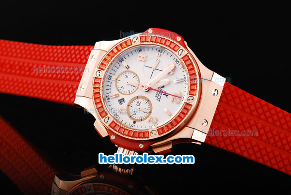 Hublot Big Bang Swiss Valjoux 7750 Chronograph Movement Rose Gold Case with White Dial-Red Diamond Bezel and Red Rubber Strap - Click Image to Close