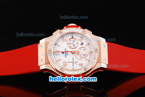 Hublot Big Bang Swiss Valjoux 7750 Automatic Movement Rose Gold Case with Diamond Bezel-White Dial and Red Rubber Strap - Click Image to Close