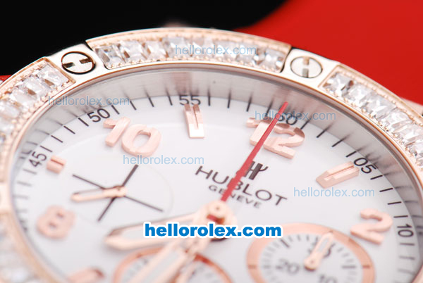 Hublot Big Bang Swiss Valjoux 7750 Automatic Movement Rose Gold Case with Diamond Bezel-White Dial and Red Rubber Strap - Click Image to Close