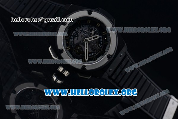 Hublot King Power Unico Black Magic Foudroyante Chrono Swiss Valjoux 7750 Automatic PVD Case with Black Dial Steel Bezel and Black Rubber Strap - Click Image to Close