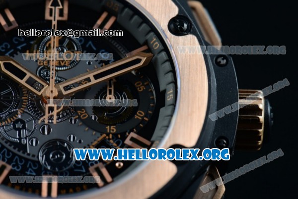 Hublot King Power Unico Black Magic Chrono Swiss Valjoux 7750 Automatic PVD Case with Black Dial Rose Gold Bezel and Black Rubber Strap - Click Image to Close