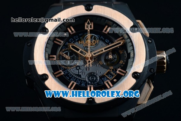Hublot King Power Unico Black Magic Chrono Swiss Valjoux 7750 Automatic PVD Case with Black Dial Rose Gold Bezel and Black Rubber Strap - Click Image to Close