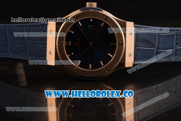 Hublot Classic Fusion Miyota 9015 Automatic Rose Gold Case with Blue Dial and Blue Leather Strap (AAAF) - Click Image to Close