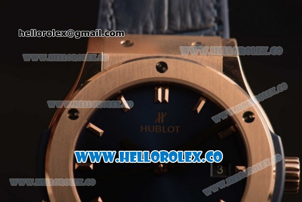 Hublot Classic Fusion Miyota 9015 Automatic Rose Gold Case with Blue Dial and Blue Leather Strap (AAAF) - Click Image to Close