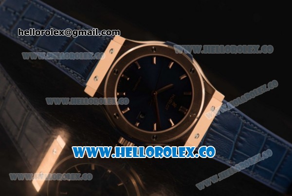 Hublot Classic Fusion Miyota 9015 Automatic Rose Gold Case with Blue Dial and Blue Leather Strap (AAAF) - Click Image to Close